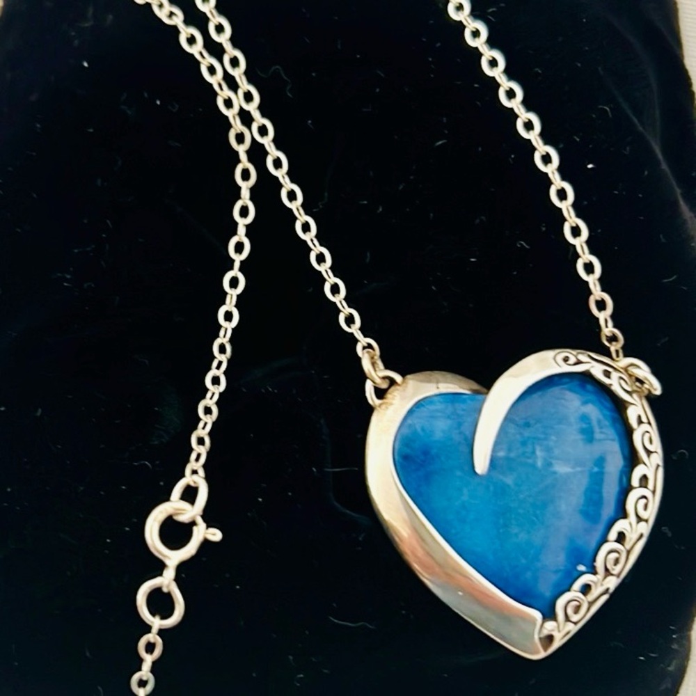 Vintage / Filigree Natural Lapis Heart Necklace / Sterling Silver - Picture 10 of 12